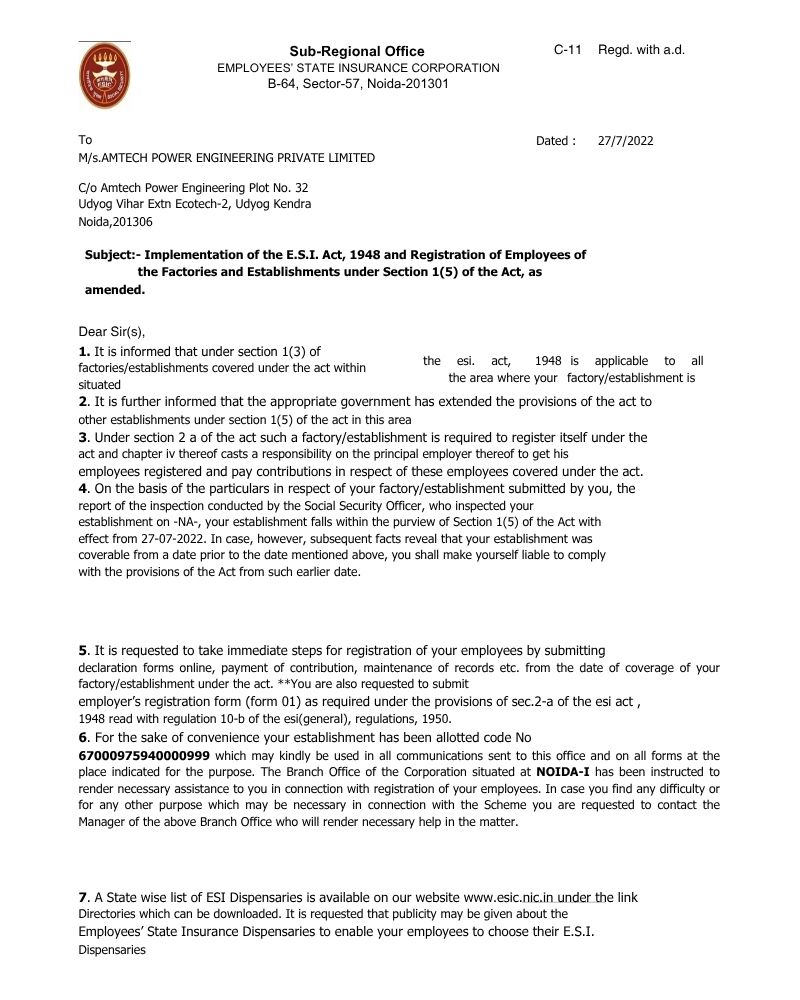 ESIC Registration Certificate ESIC Registration Certificate